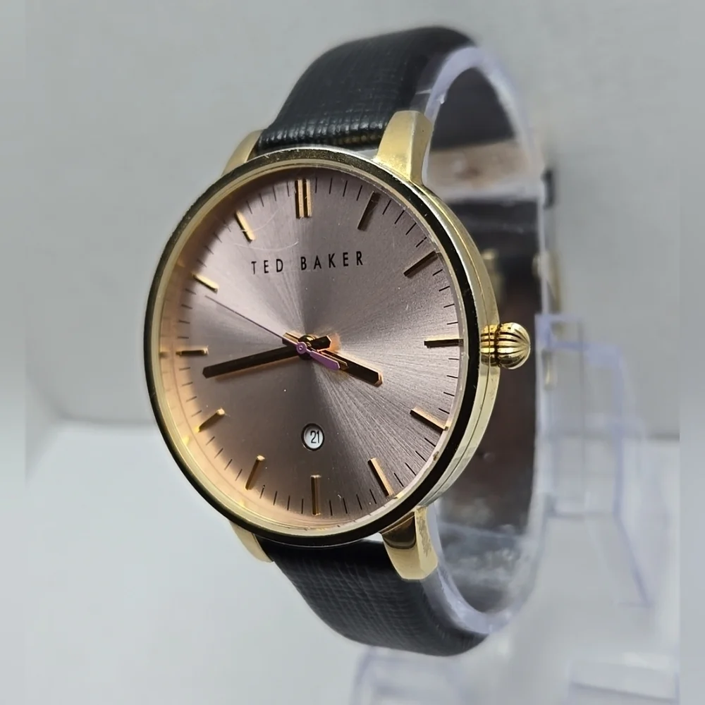 Ted Baker Kate Women's Watch Pink Date Dial Black Leather Band New Battery
